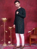 Jompers Men's Sequins Chikankari Embroidered Kurta with Pyjama - Olive | Grocsy