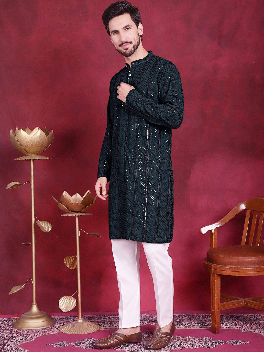 Jompers Men's Sequins Chikankari Embroidered Kurta with Pyjama - Olive | Grocsy