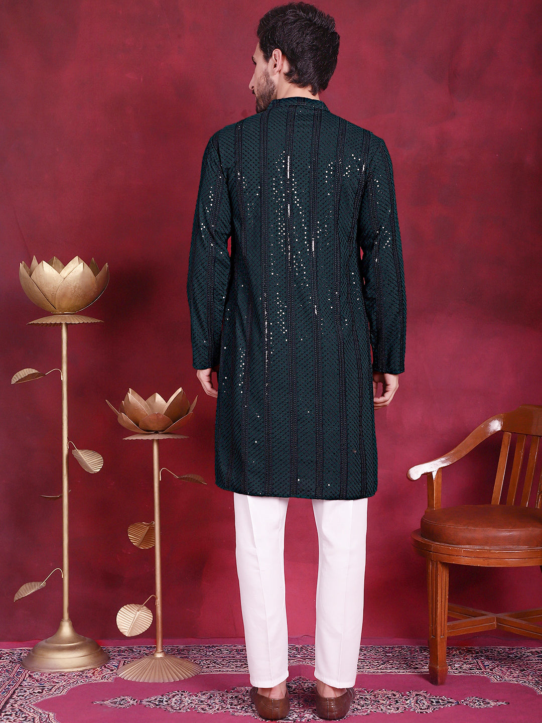 Jompers Men's Sequins Chikankari Embroidered Kurta with Pyjama - Olive | Grocsy