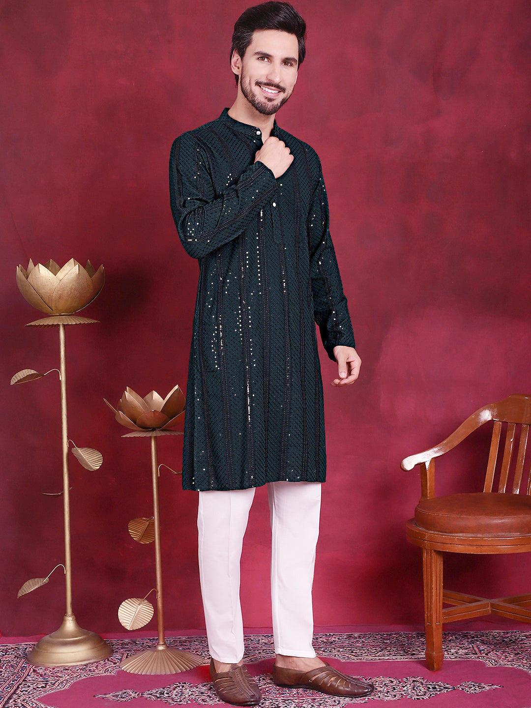 Jompers Men's Sequins Chikankari Embroidered Kurta with Pyjama - Olive | Grocsy