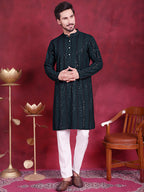 Jompers Men's Sequins Chikankari Embroidered Kurta with Pyjama - Olive | Grocsy
