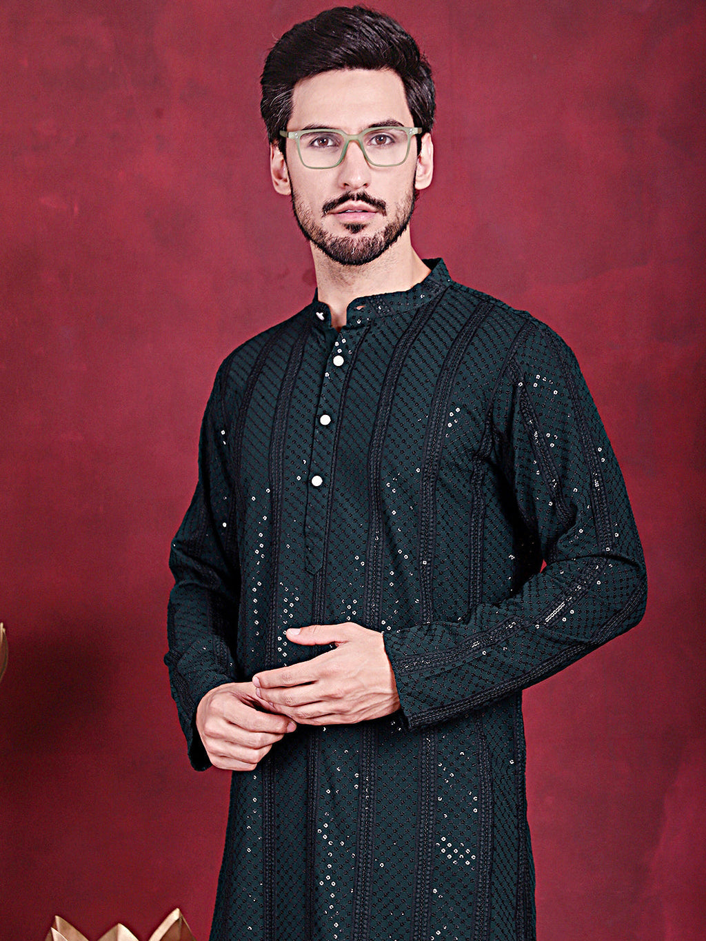Jompers Men's Sequins Chikankari Embroidered Kurta with Pyjama - Olive | Grocsy