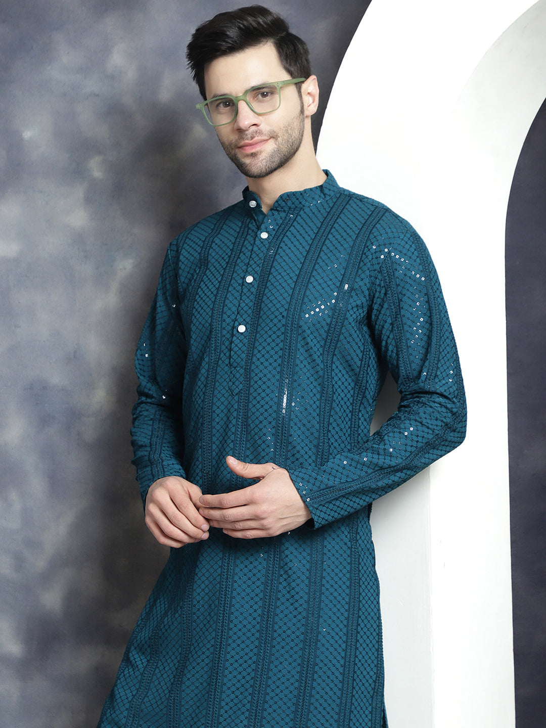 Jompers Men's Sequins Chikankari Embroidered Kurta with Pyjama - Peacock | Grocsy