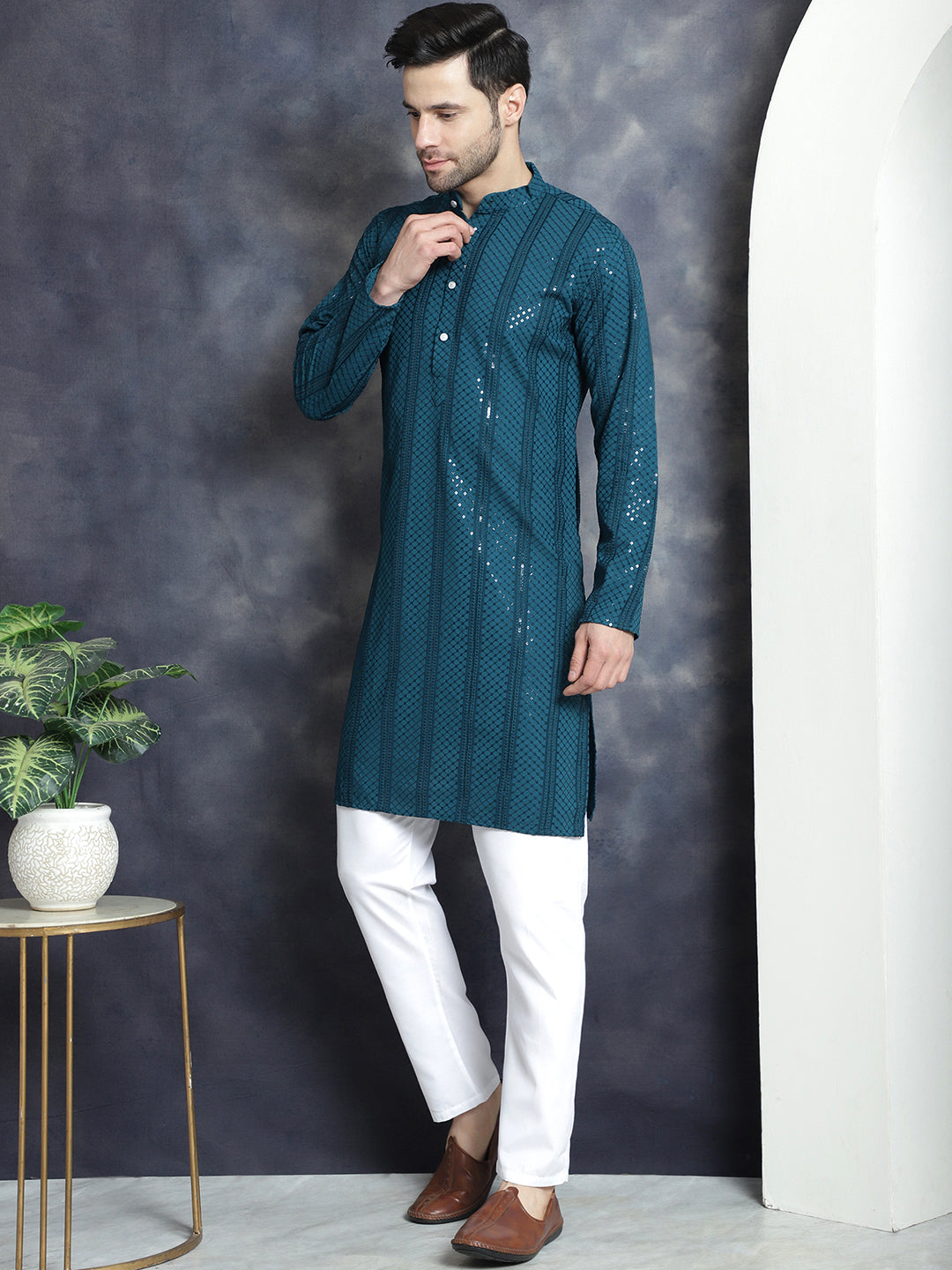 Jompers Men's Sequins Chikankari Embroidered Kurta with Pyjama - Peacock | Grocsy