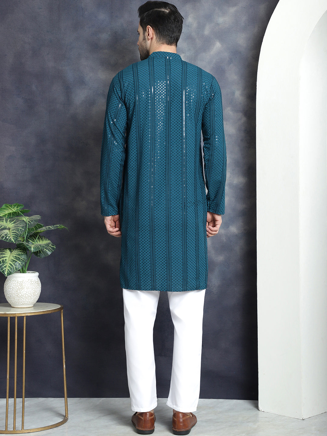 Jompers Men's Sequins Chikankari Embroidered Kurta with Pyjama - Peacock | Grocsy