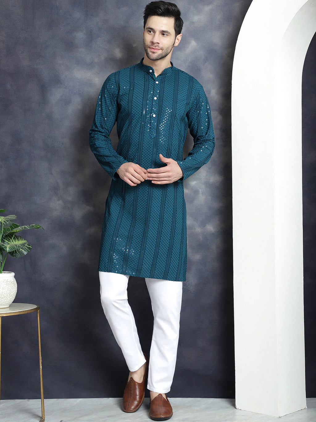 Jompers Men's Sequins Chikankari Embroidered Kurta with Pyjama - Peacock | Grocsy