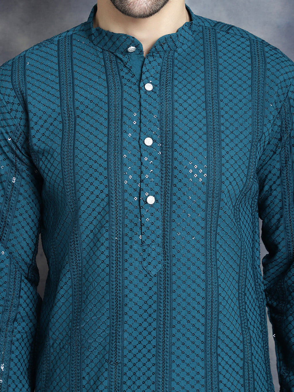 Jompers Men's Sequins Chikankari Embroidered Kurta with Pyjama - Peacock | Grocsy