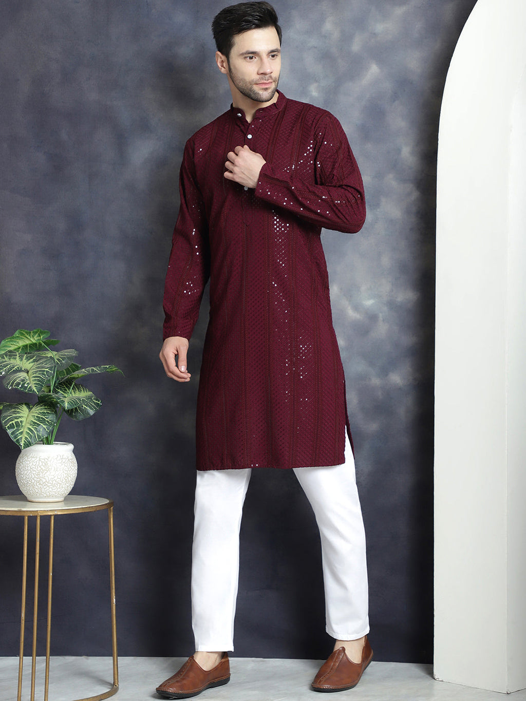Jompers Men's Sequins Chikankari Embroidered Kurta with Pyjama - Purple | Grocsy