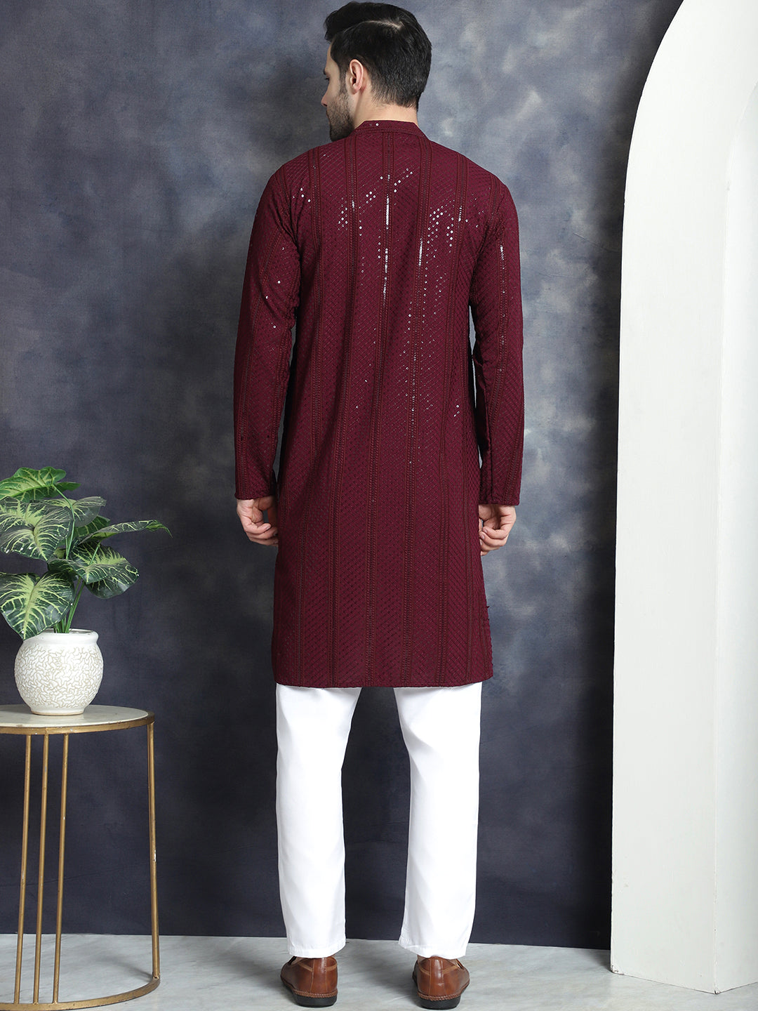 Jompers Men's Sequins Chikankari Embroidered Kurta with Pyjama - Purple | Grocsy