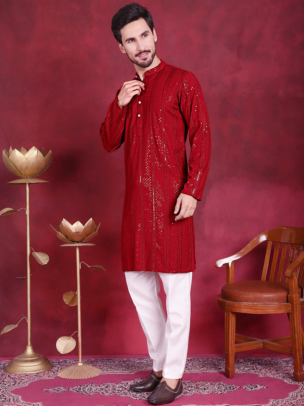 Jompers Men's Sequins Chikankari Embroidered Kurta with Pyjama - Red | Grocsy