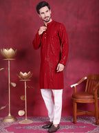 Jompers Men's Sequins Chikankari Embroidered Kurta with Pyjama - Red | Grocsy