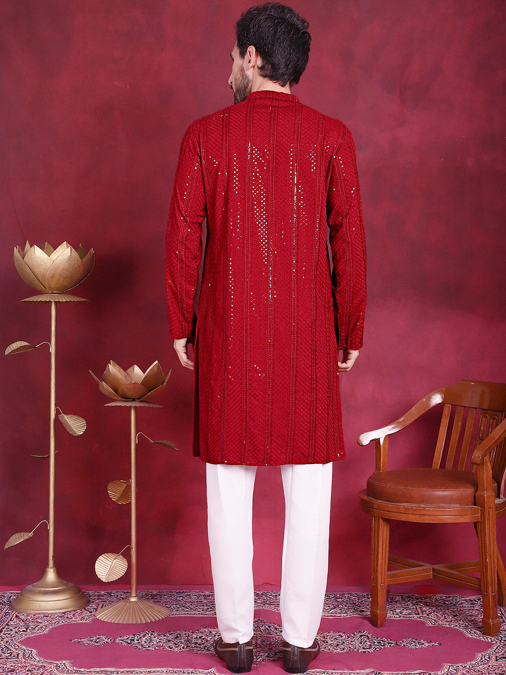 Jompers Men's Sequins Chikankari Embroidered Kurta with Pyjama - Red | Grocsy