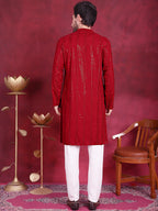 Jompers Men's Sequins Chikankari Embroidered Kurta with Pyjama - Red | Grocsy