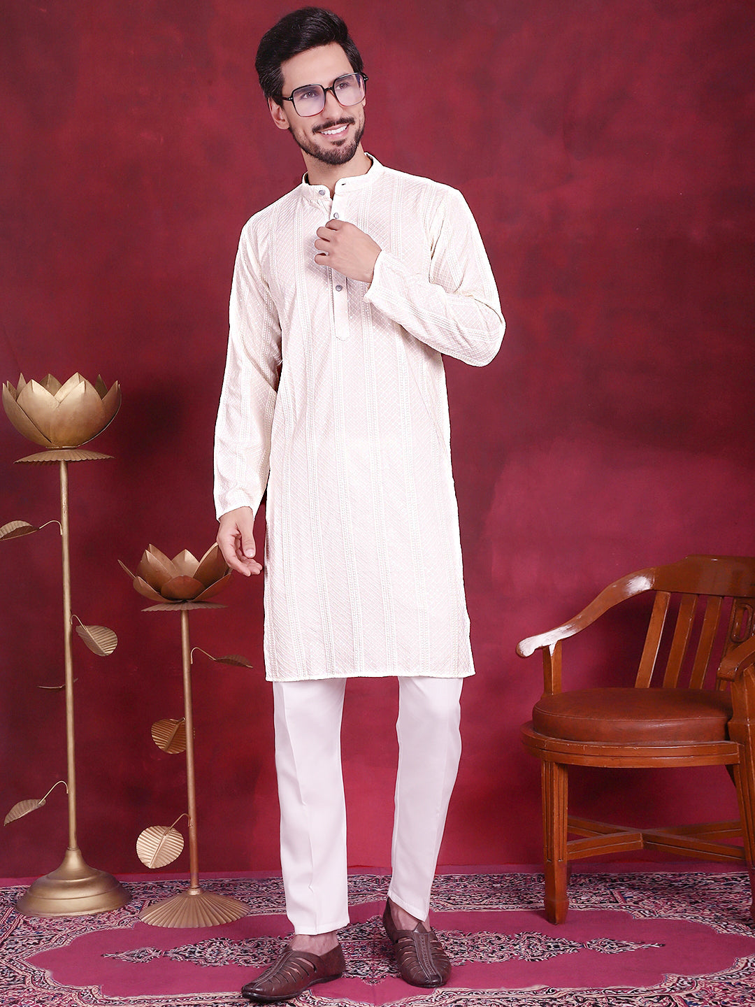 Jompers Men's Sequins Chikankari Embroidered Kurta with Pyjama - White | Grocsy