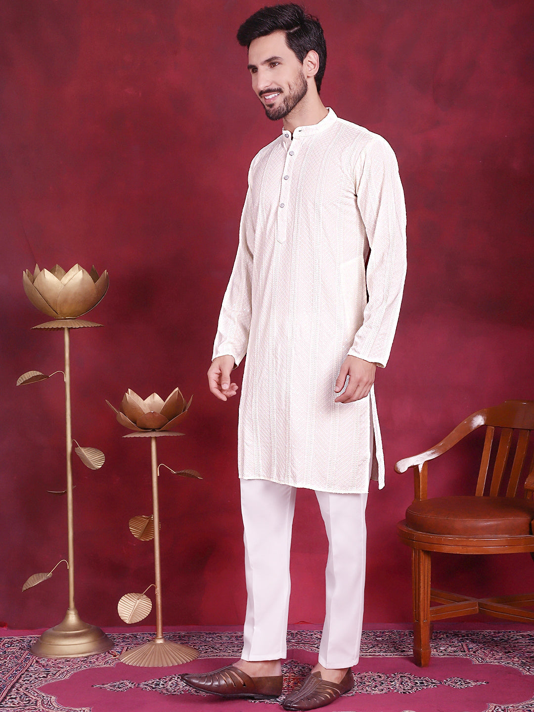 Jompers Men's Sequins Chikankari Embroidered Kurta with Pyjama - White | Grocsy