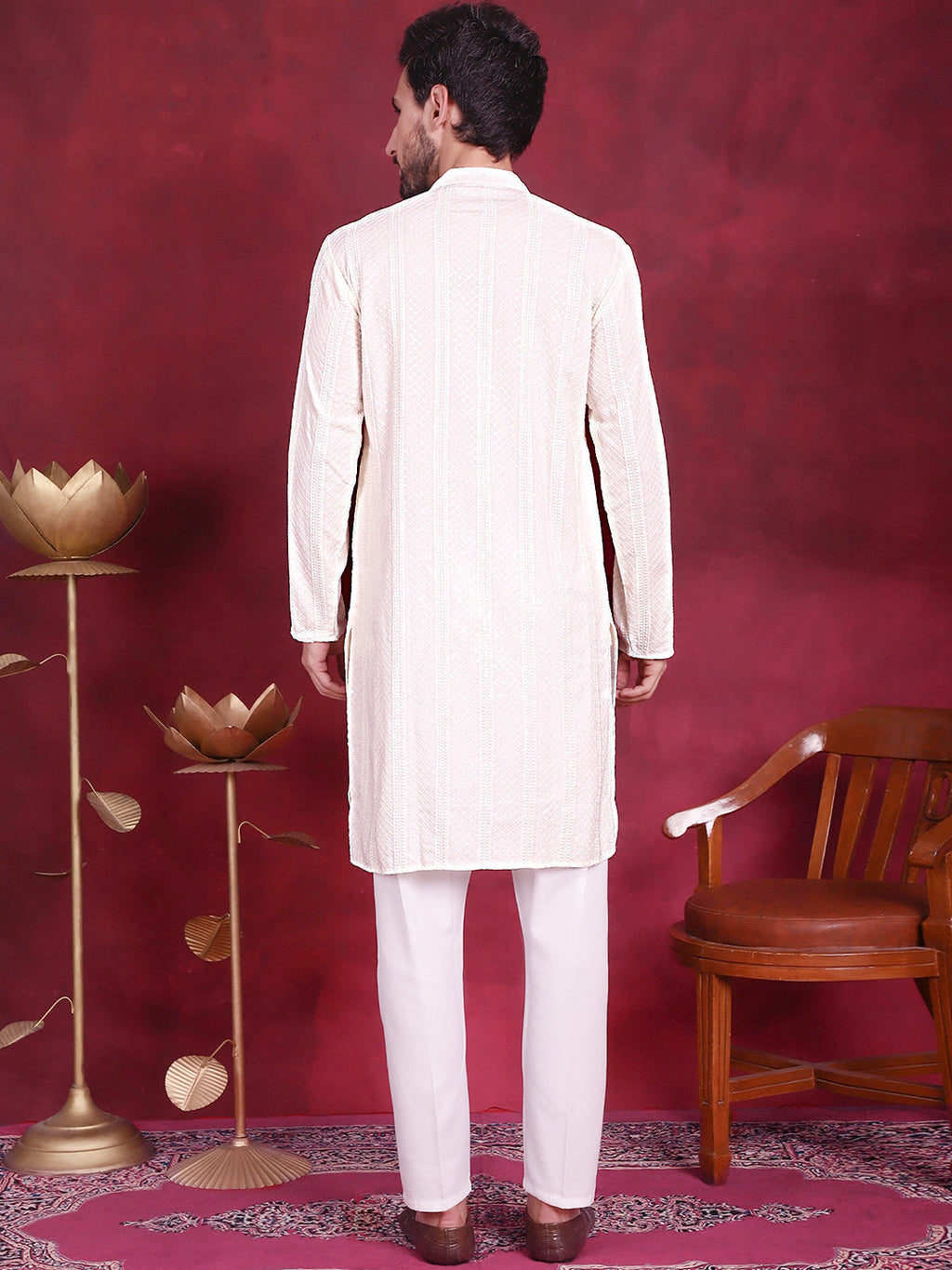 Jompers Men's Sequins Chikankari Embroidered Kurta with Pyjama - White | Grocsy