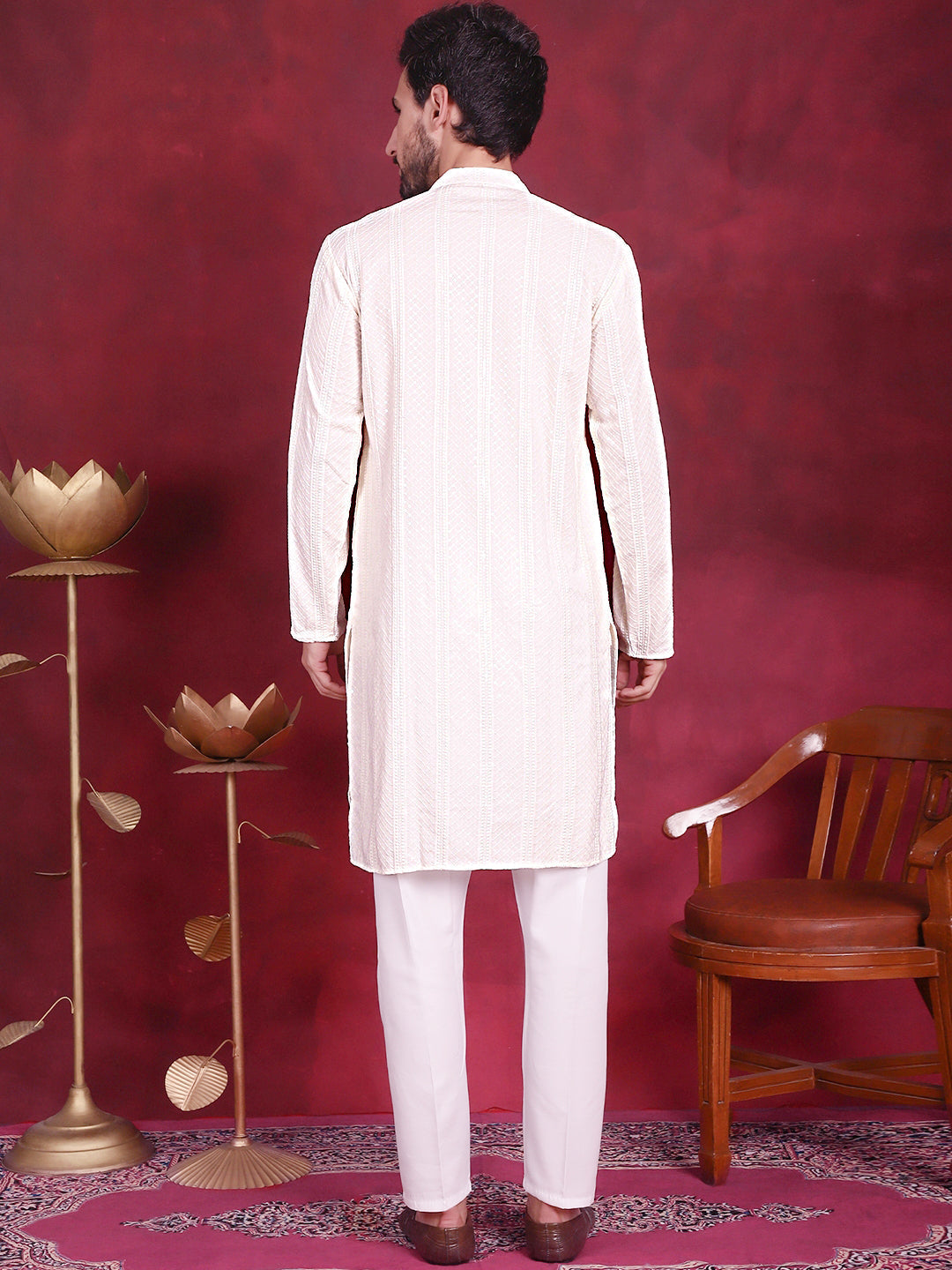 Jompers Men's Sequins Chikankari Embroidered Kurta with Pyjama - White | Grocsy
