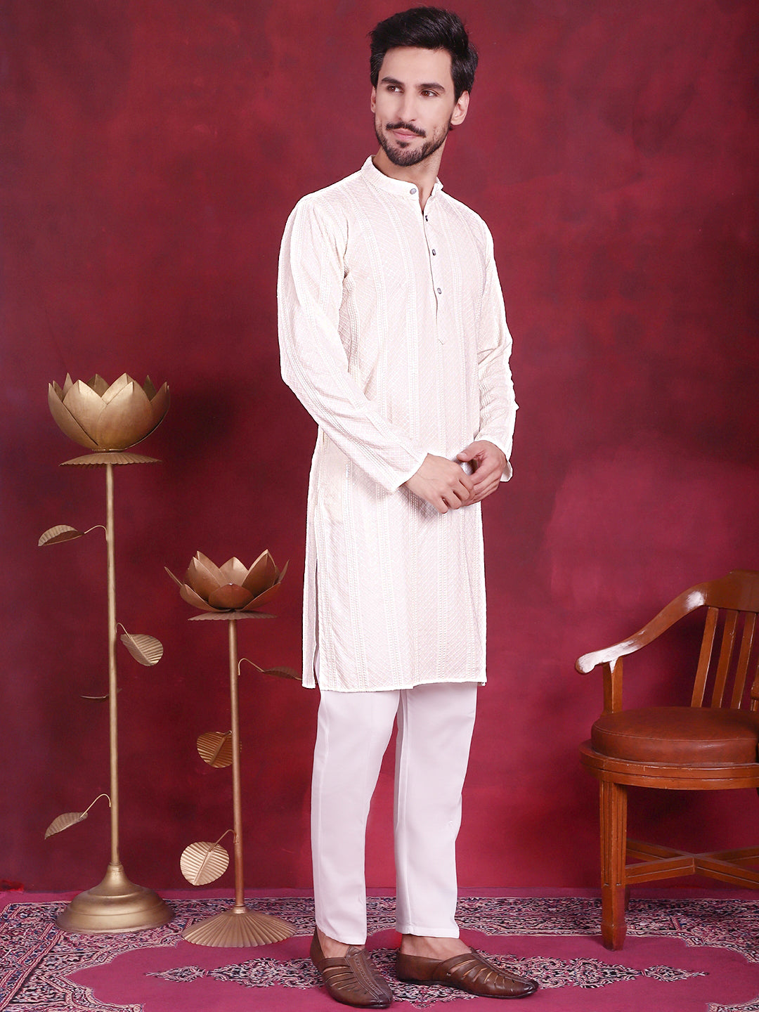 Jompers Men's Sequins Chikankari Embroidered Kurta with Pyjama - White | Grocsy