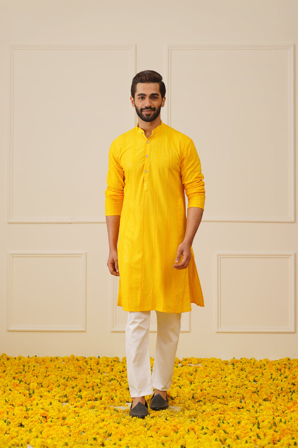 Jompers Men's Sequins Chikankari Embroidered Kurta with Pyjama - Yellow | Grocsy