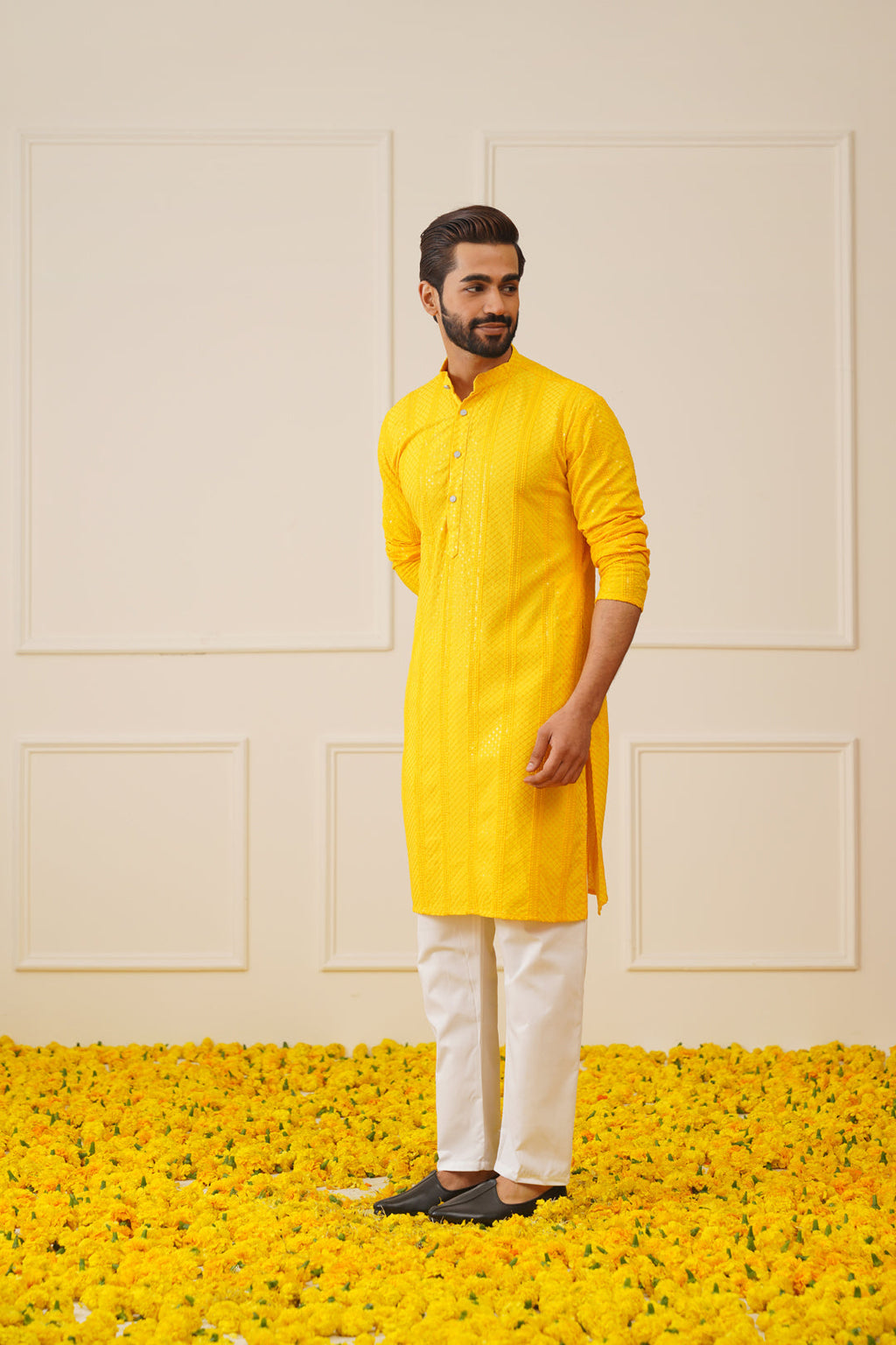 Jompers Men's Sequins Chikankari Embroidered Kurta with Pyjama - Yellow | Grocsy