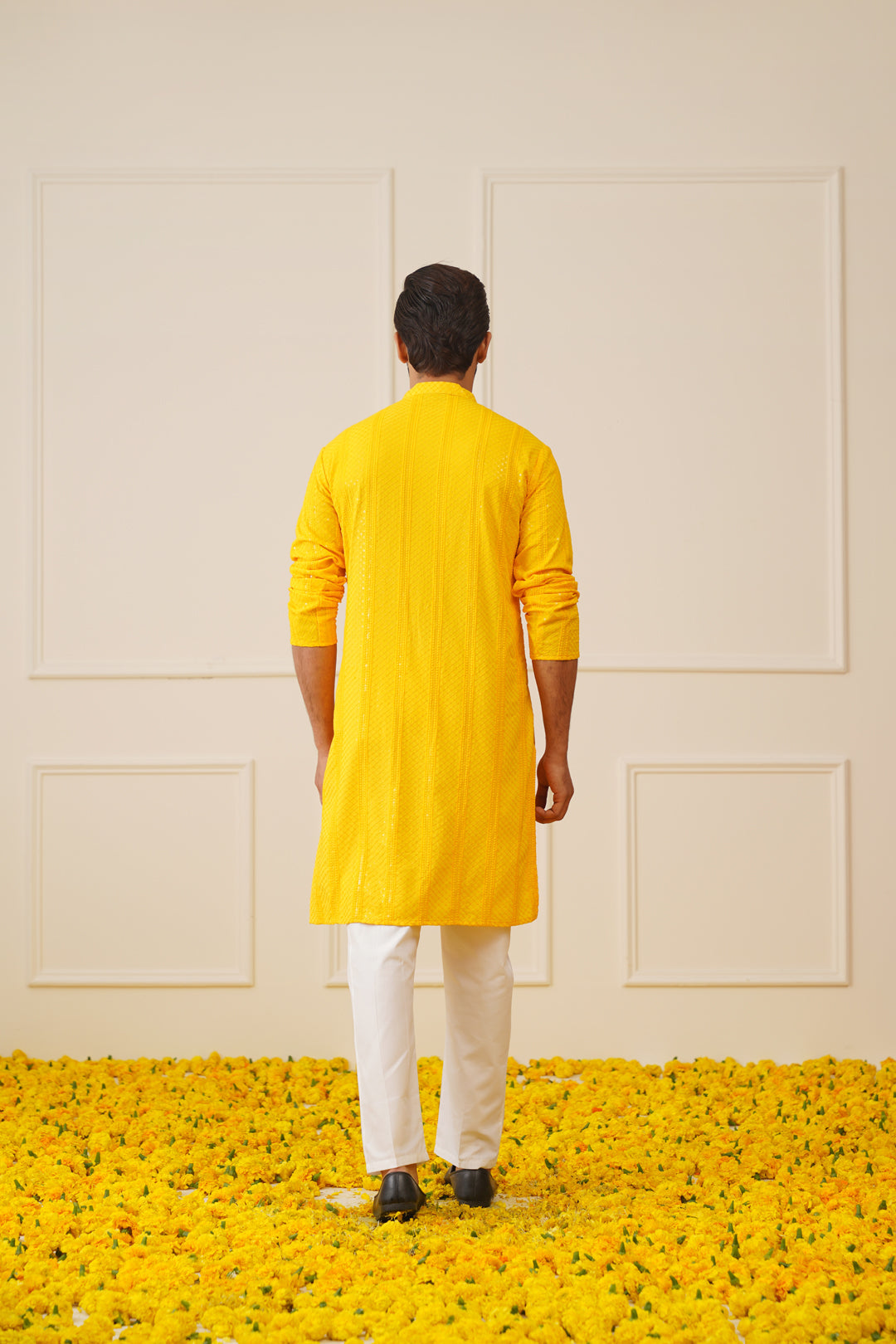 Jompers Men's Sequins Chikankari Embroidered Kurta with Pyjama - Yellow | Grocsy