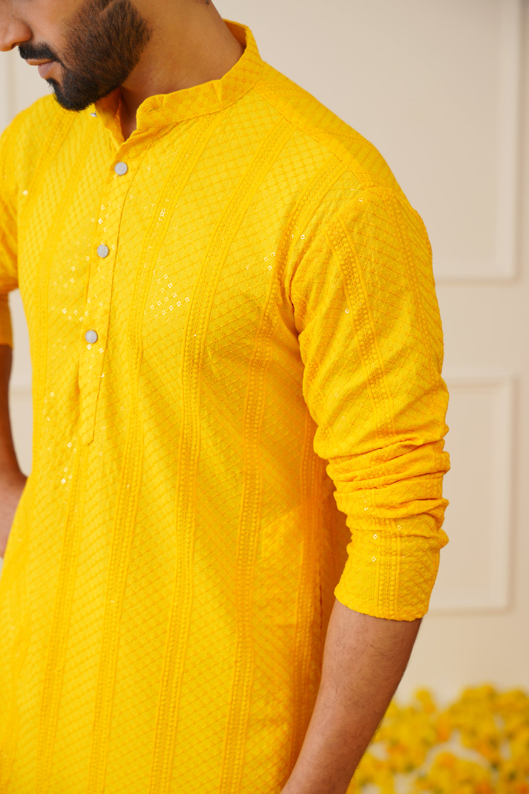 Jompers Men's Sequins Chikankari Embroidered Kurta with Pyjama - Yellow | Grocsy