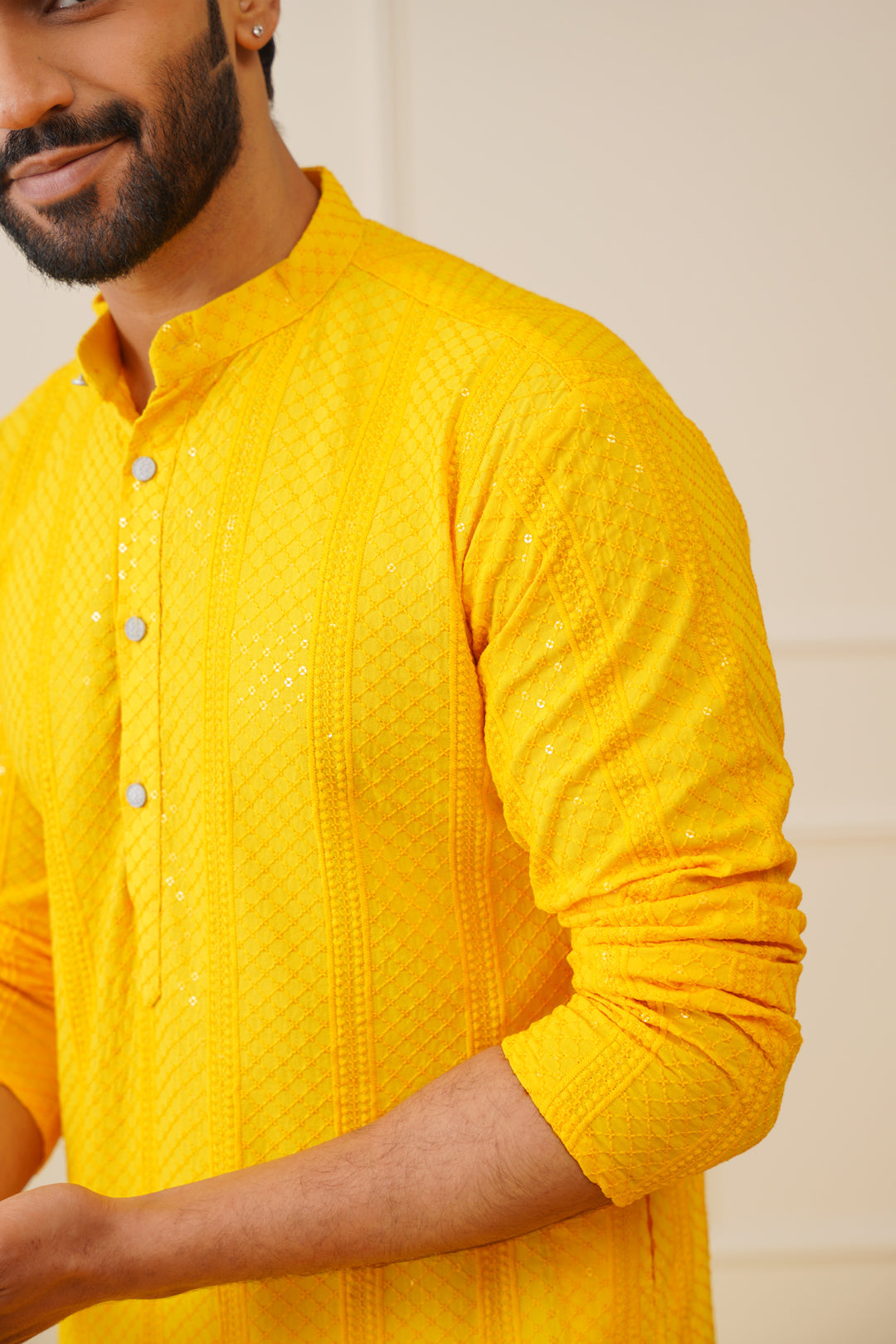 Jompers Men's Sequins Chikankari Embroidered Kurta with Pyjama - Yellow | Grocsy