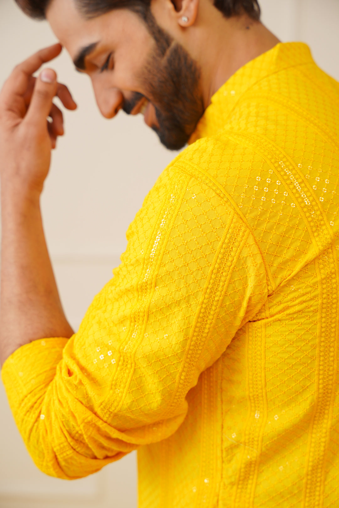 Jompers Men's Sequins Chikankari Embroidered Kurta with Pyjama - Yellow | Grocsy