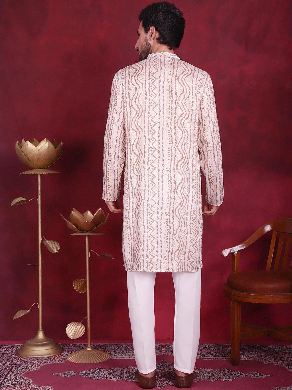 Jompers Men's Bandhani Printed Kurta with Pyjama - Cream | Grocsy
