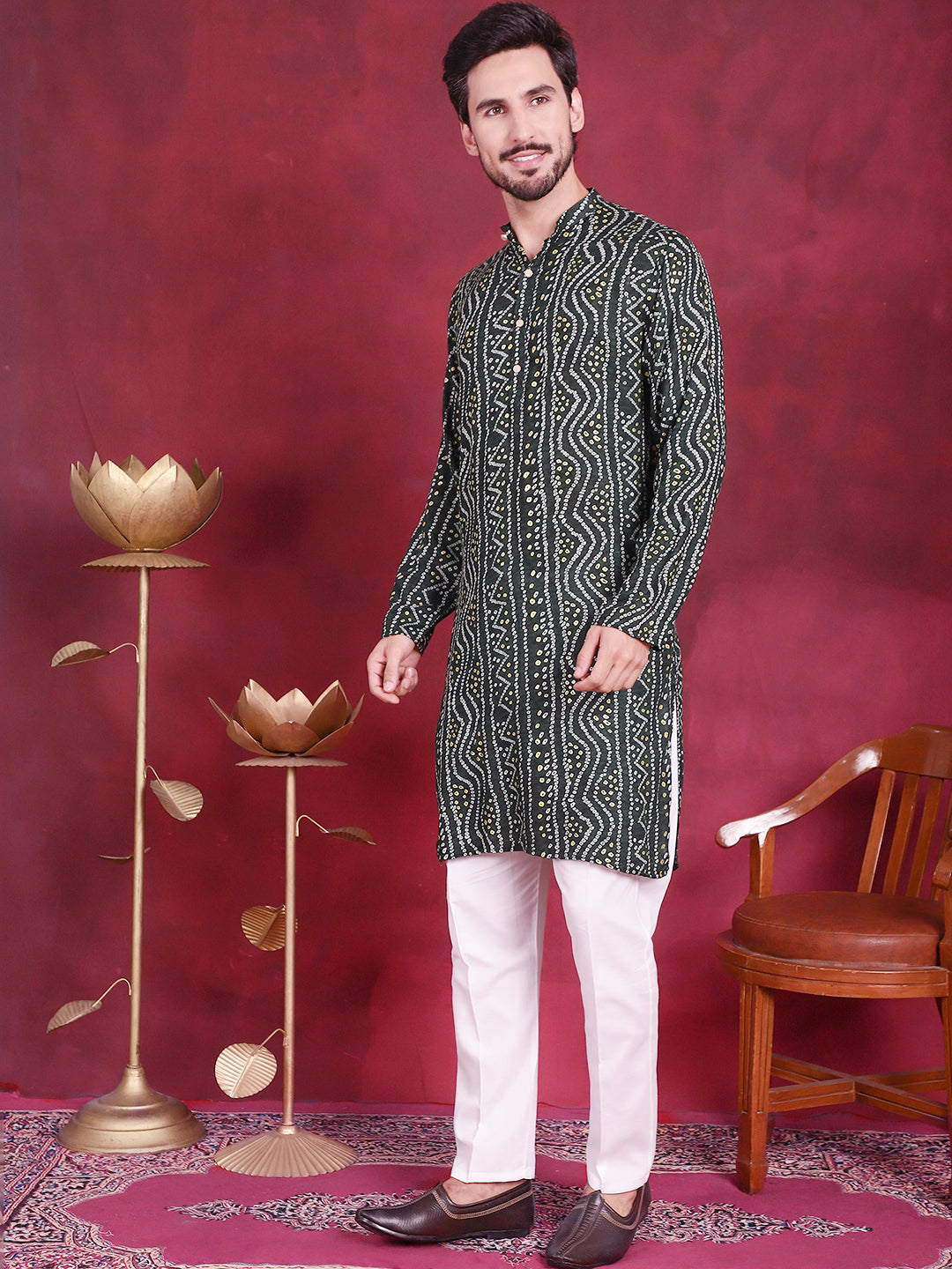 Jompers Men's Bandhani Printed Kurta with Pyjama - Green | Grocsy