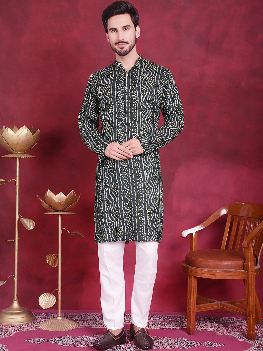 Jompers Men's Bandhani Printed Kurta with Pyjama - Green | Grocsy