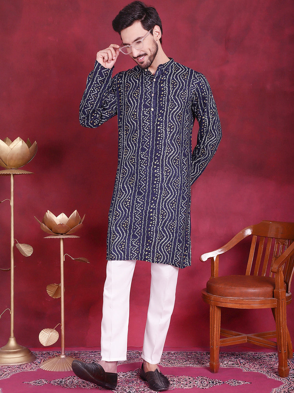 Jompers Men's Bandhani Printed Kurta with Pyjama - Navy Blue | Grocsy