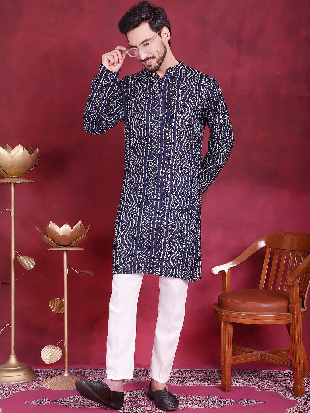 Jompers Men's Bandhani Printed Kurta with Pyjama - Navy Blue | Grocsy