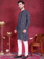 Jompers Men's Bandhani Printed Kurta with Pyjama - Navy Blue | Grocsy