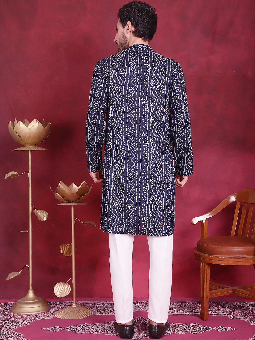 Jompers Men's Bandhani Printed Kurta with Pyjama - Navy Blue | Grocsy