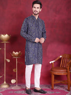 Jompers Men's Bandhani Printed Kurta with Pyjama - Navy Blue | Grocsy