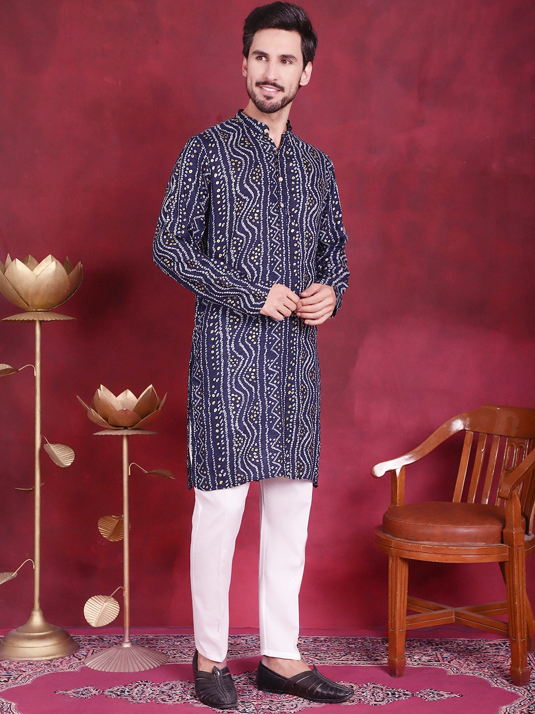 Jompers Men's Bandhani Printed Kurta with Pyjama - Navy Blue | Grocsy