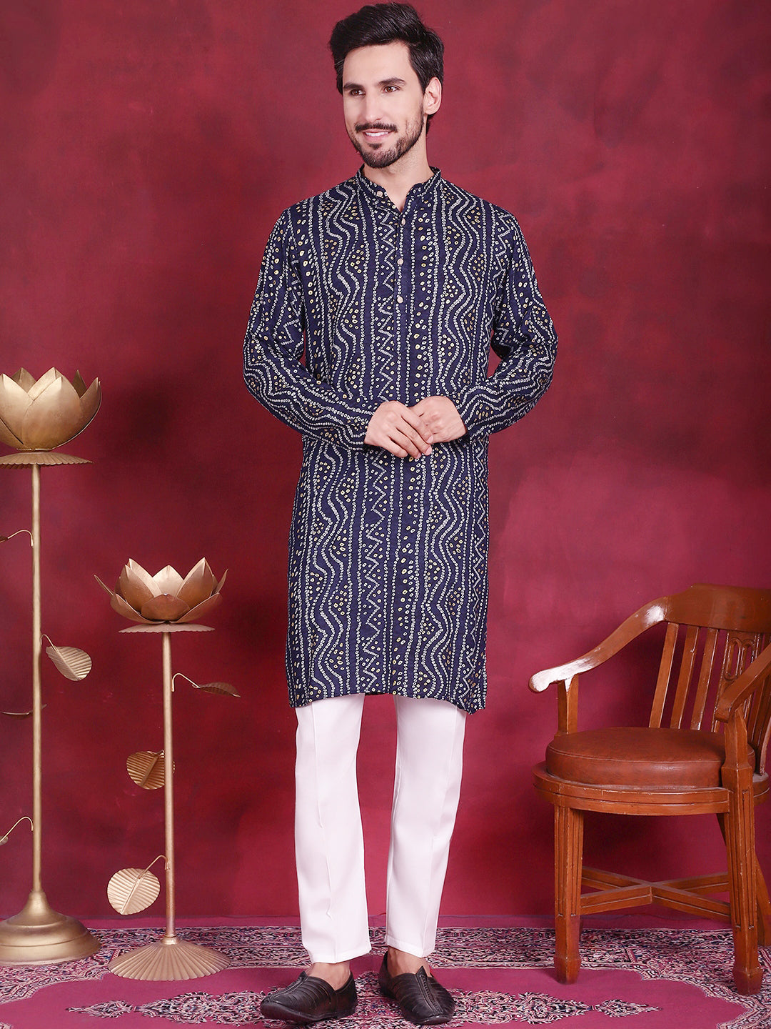 Jompers Men's Bandhani Printed Kurta with Pyjama - Navy Blue | Grocsy
