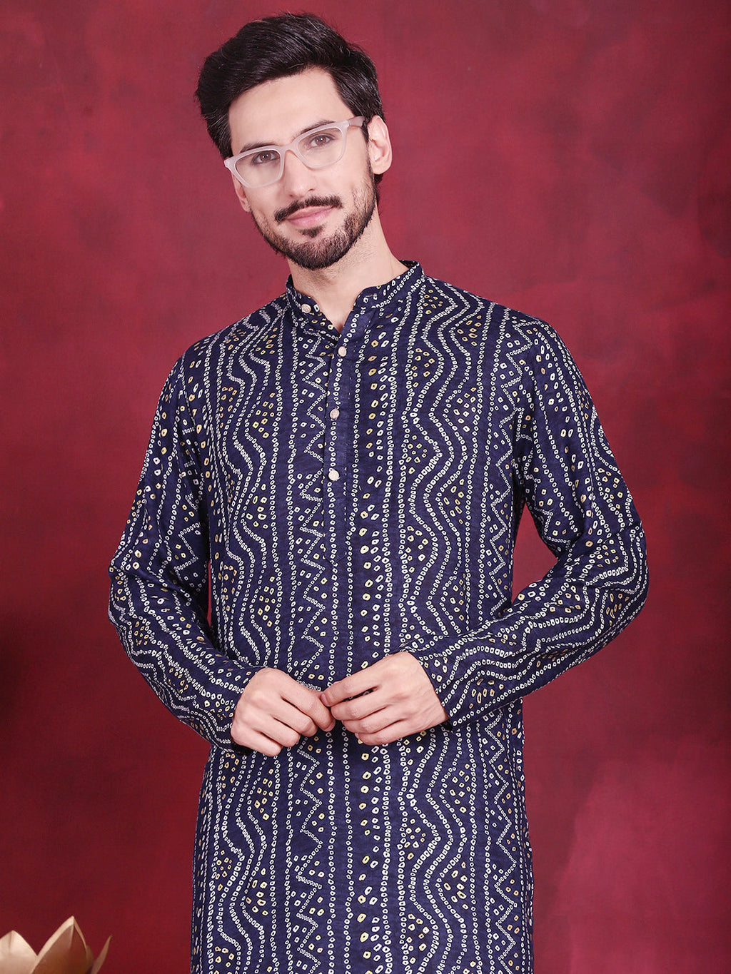 Jompers Men's Bandhani Printed Kurta with Pyjama - Navy Blue | Grocsy