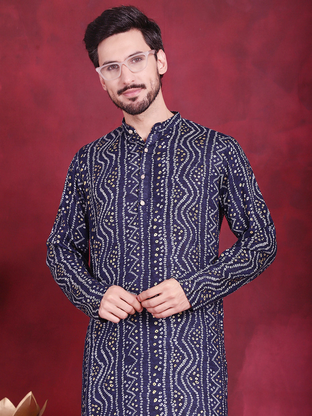 Jompers Men's Bandhani Printed Kurta with Pyjama - Navy Blue | Grocsy