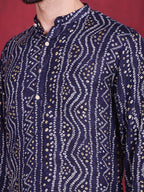 Jompers Men's Bandhani Printed Kurta with Pyjama - Navy Blue | Grocsy
