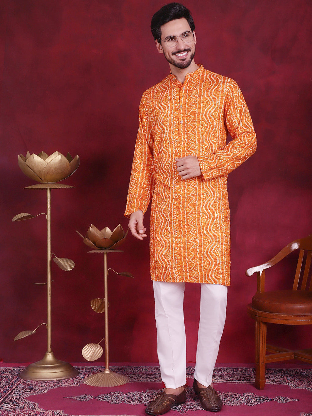 Jompers Men's Bandhani Printed Kurta with Pyjama - Orange | Grocsy