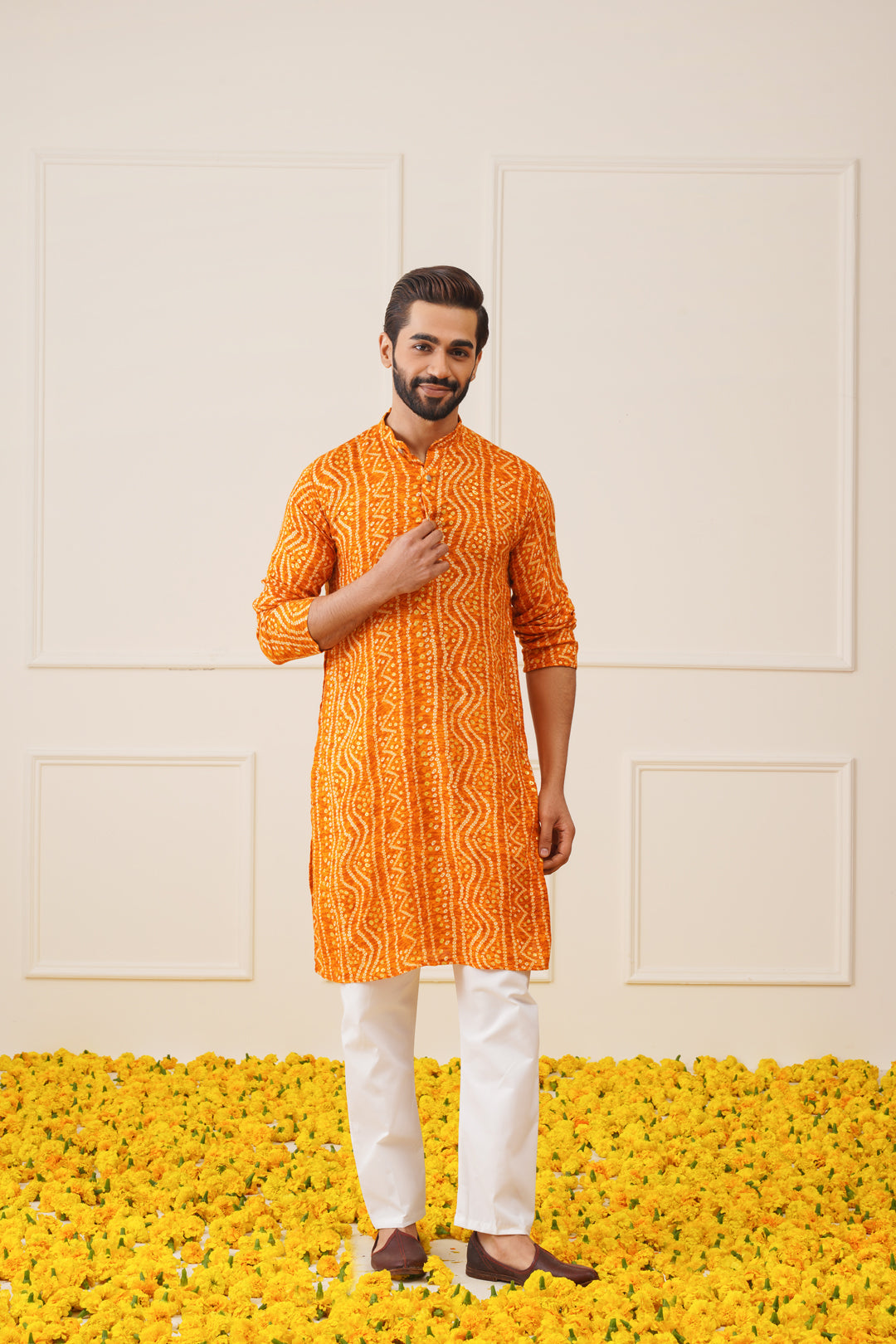 Jompers Men's Bandhani Printed Kurta - Orange | Grocsy