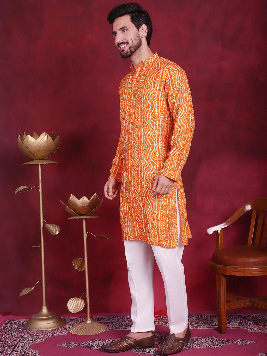 Jompers Men's Bandhani Printed Kurta with Pyjama - Orange | Grocsy