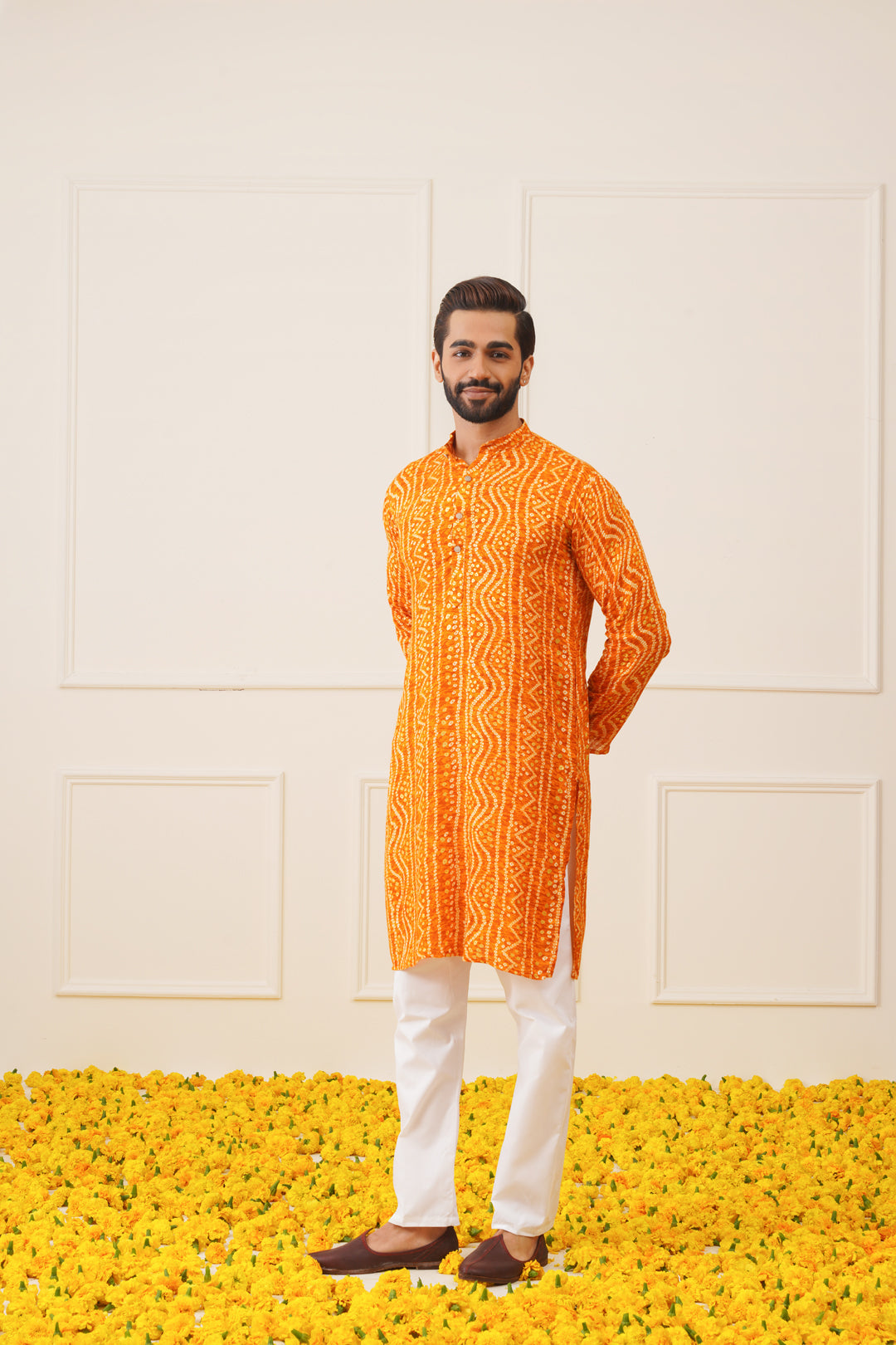 Jompers Men's Bandhani Printed Kurta - Orange | Grocsy