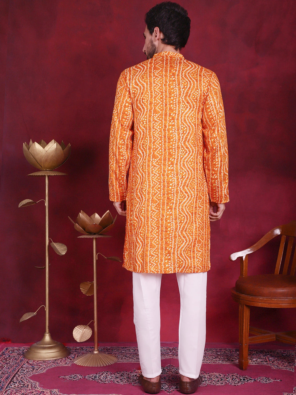 Jompers Men's Bandhani Printed Kurta with Pyjama - Orange | Grocsy
