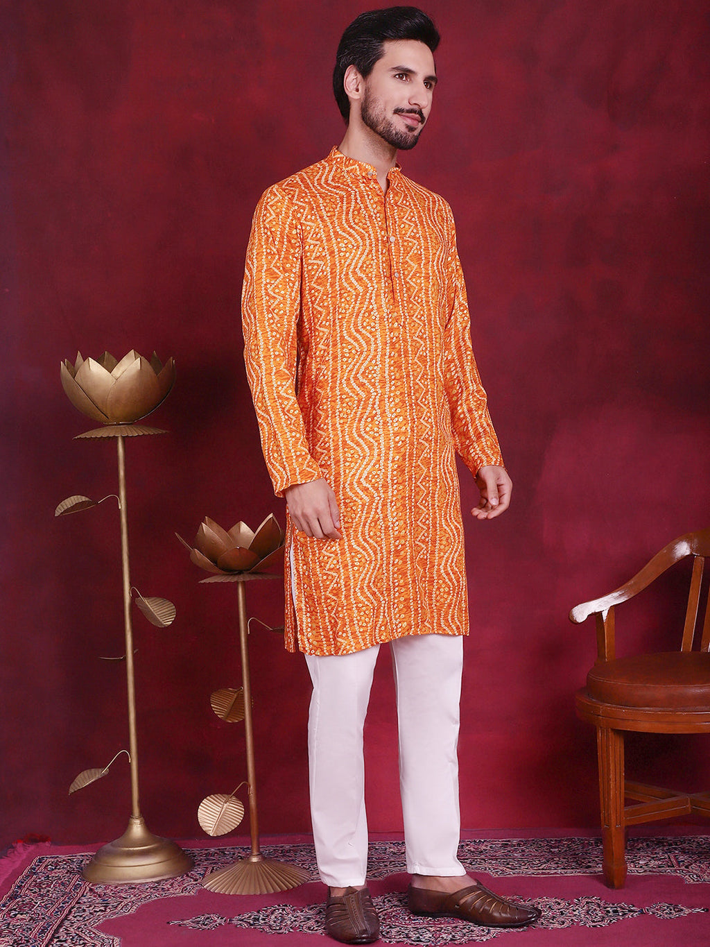 Jompers Men's Bandhani Printed Kurta with Pyjama - Orange | Grocsy