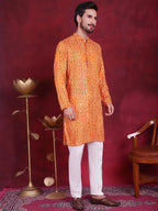Jompers Men's Bandhani Printed Kurta with Pyjama - Orange | Grocsy