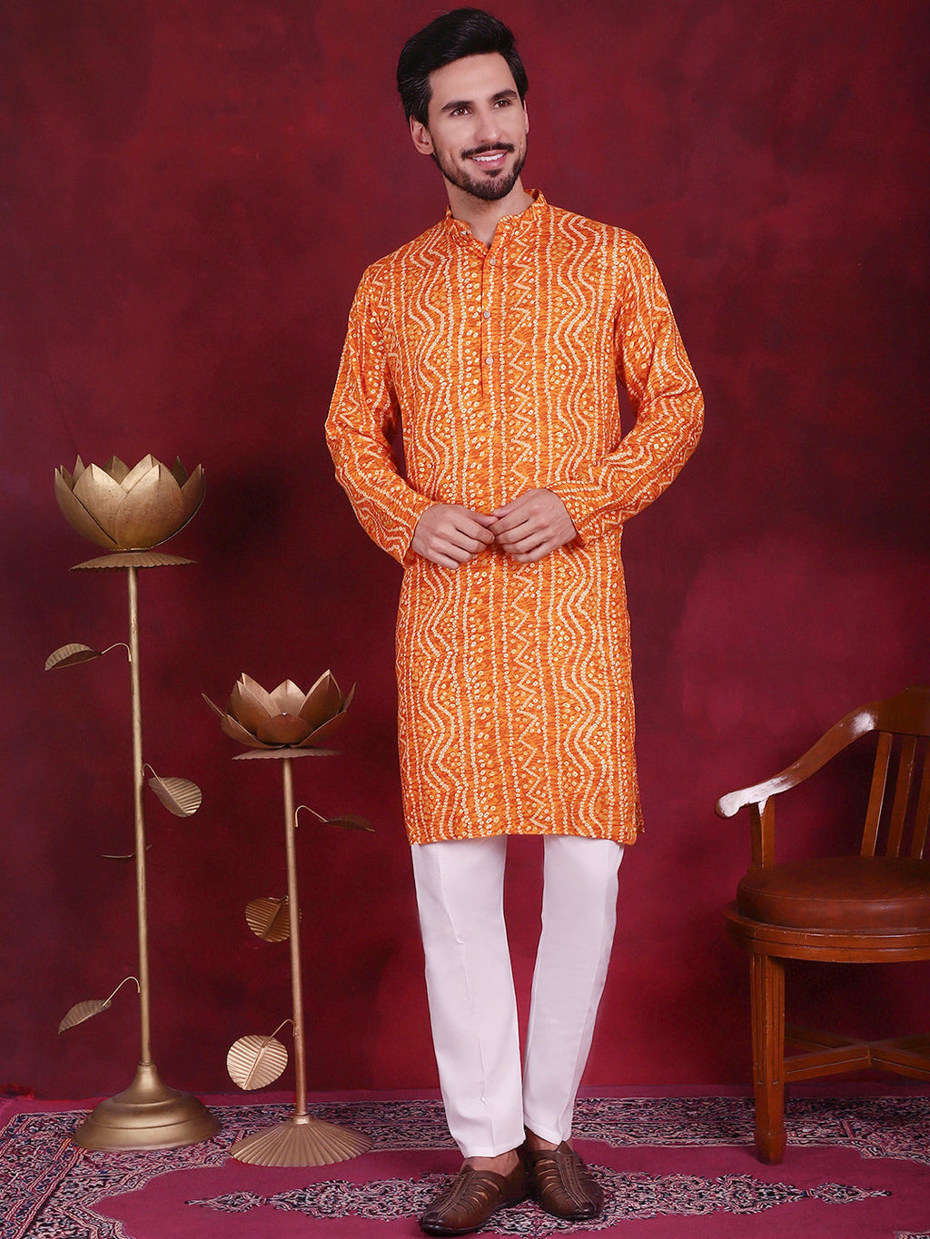 Jompers Men's Bandhani Printed Kurta with Pyjama - Orange | Grocsy