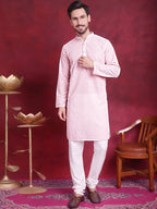 Jompers Men's Chikankari Embroidered Kurta with Pyjama - Pink | Grocsy